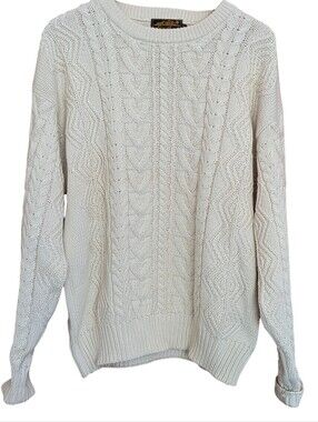 Eddie Bauer Cream Cable-Knit Crewneck Sweater  XL Cotton Fisherman Coastal